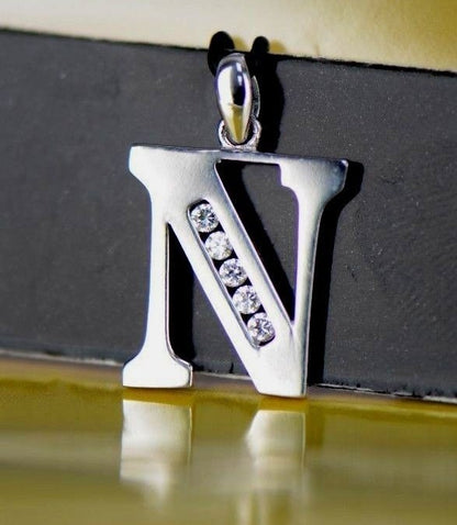 14k Solid White Gold Initial Letter CZ Pendant