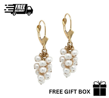 14k Yellow Gold Dangle Pearl Grape Leverback Earrings