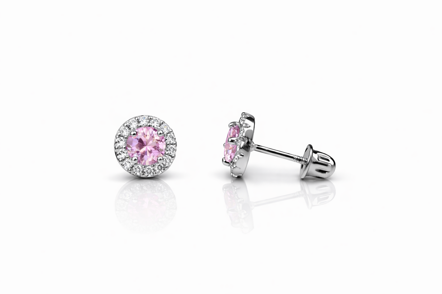 14k White Gold Halo Stud Earrings with Screw  Back