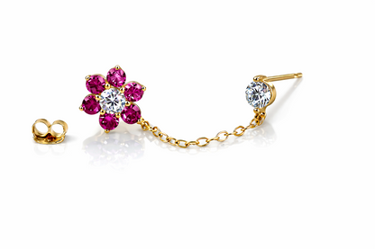 14k Yellow Gold Flower CZ Stud Earrings with chain Push back
