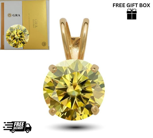 14K Gold GRA Certified D-VVS1 Round Lemon Yellow Moissanite Pendant