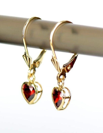 14k Yellow Gold Bezel Heart Birthstone Leverback Pierced Dangle Earrings 5x5 MM