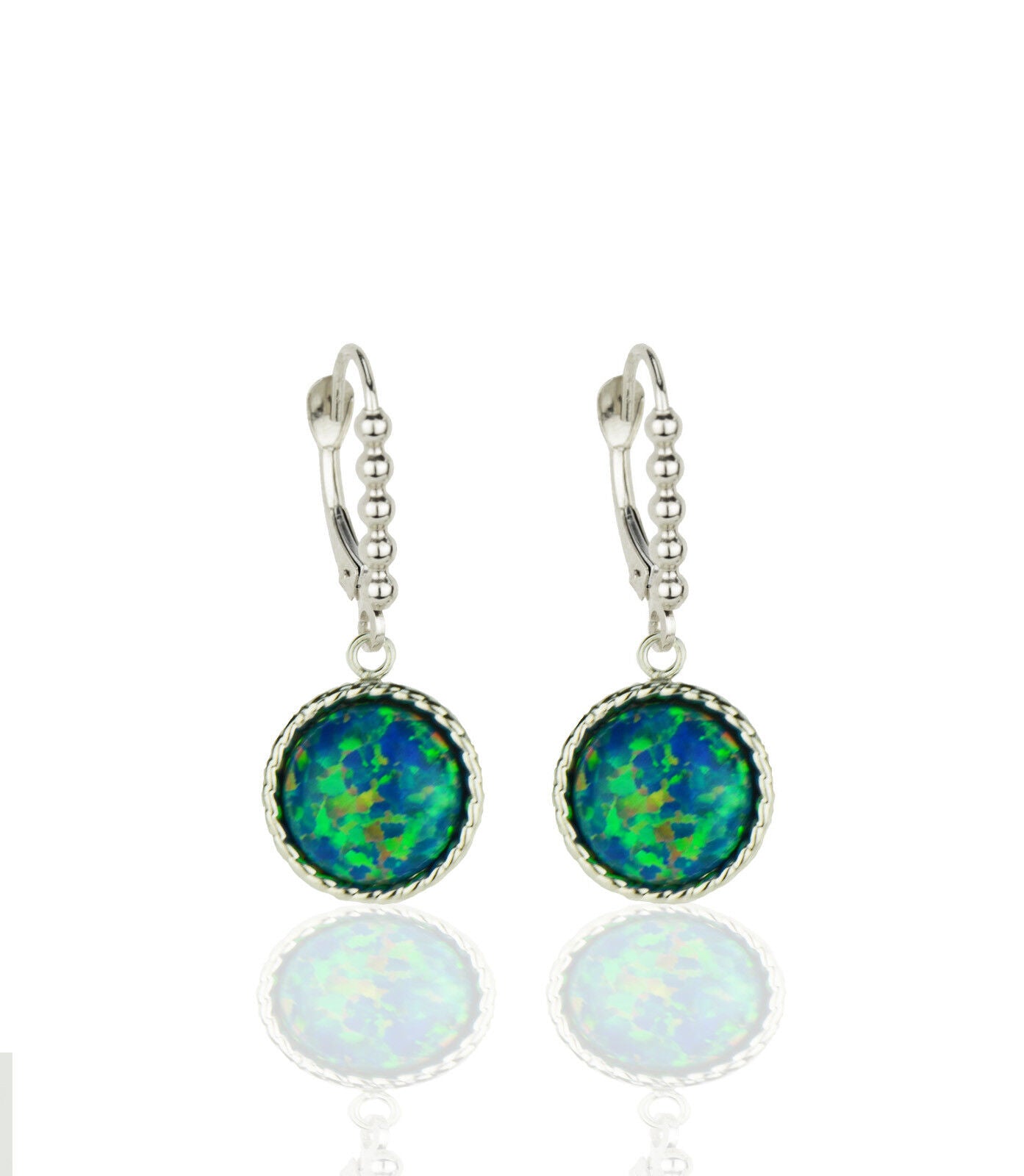 14k White Gold Opal Flat Dangle Leverback Earrings