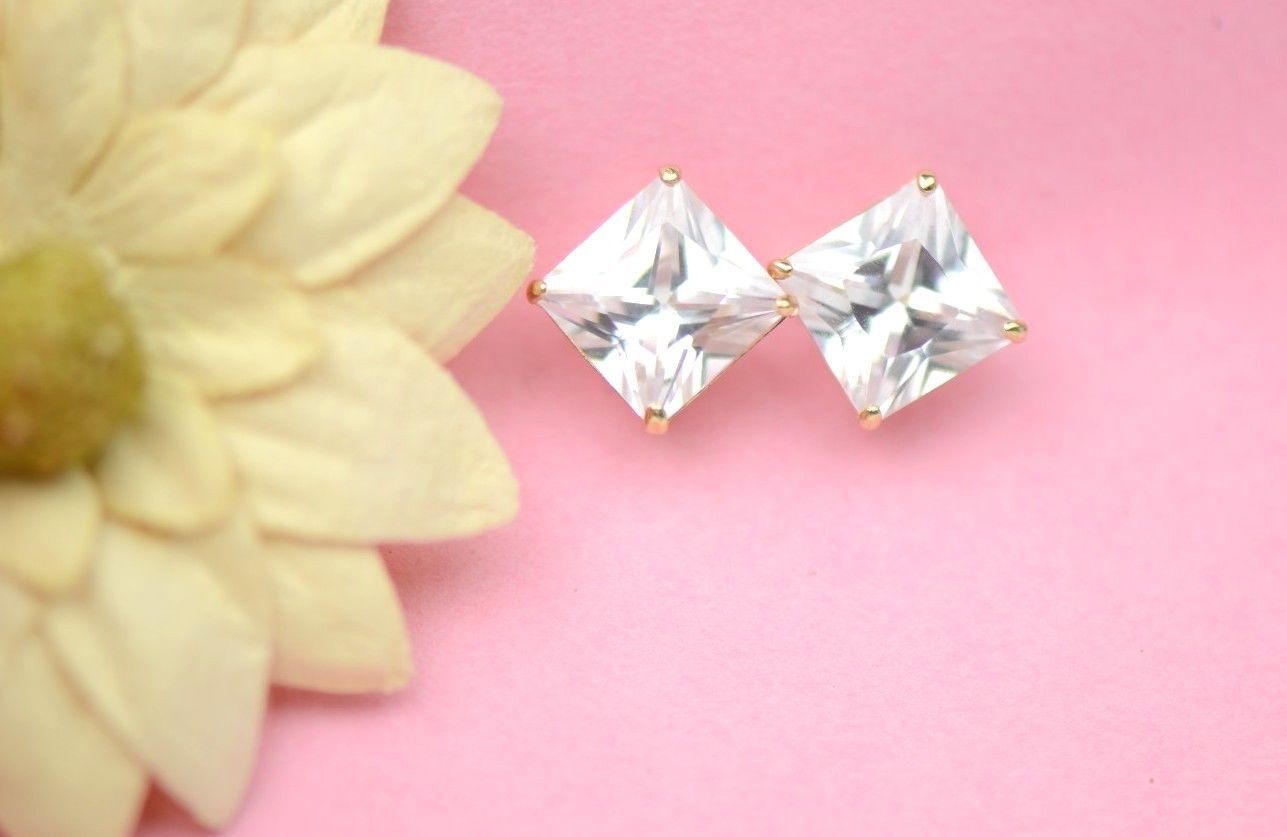 14k Yellow Gold Square Princess Cut CZ Stud Earrings with screw back