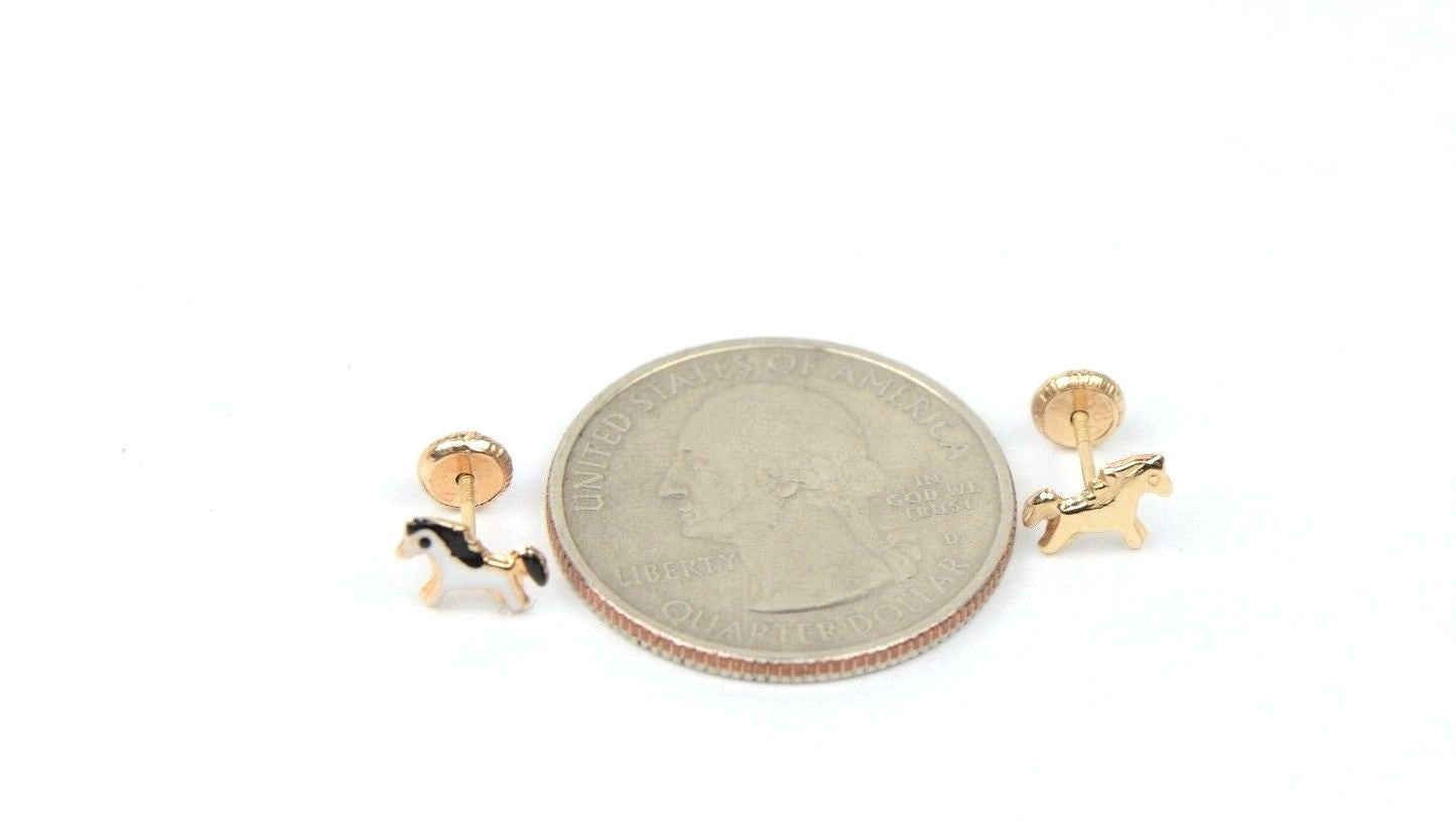 14k Yellow Gold Baby Enamel Horse earrings with Screw Back