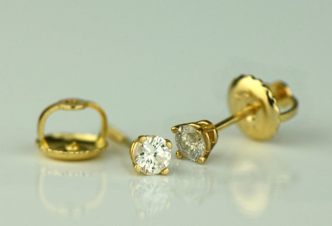 14k Yellow Gold Round Diamond Stud Earring with Screw Back .20 PT TW.