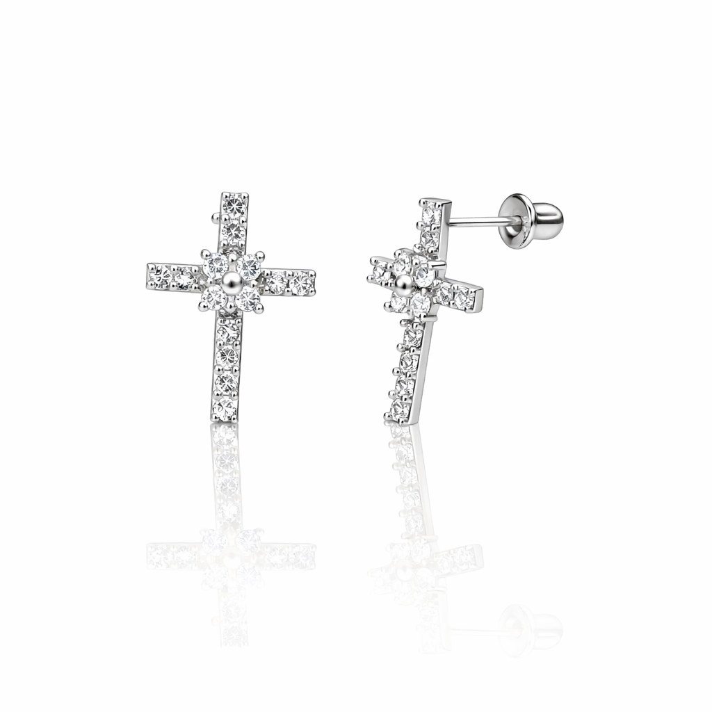 14K Yellow or White Gold CZ Cross Earrings