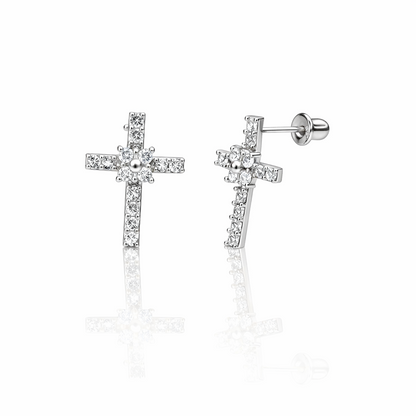 14K Yellow or White Gold CZ Cross Earrings