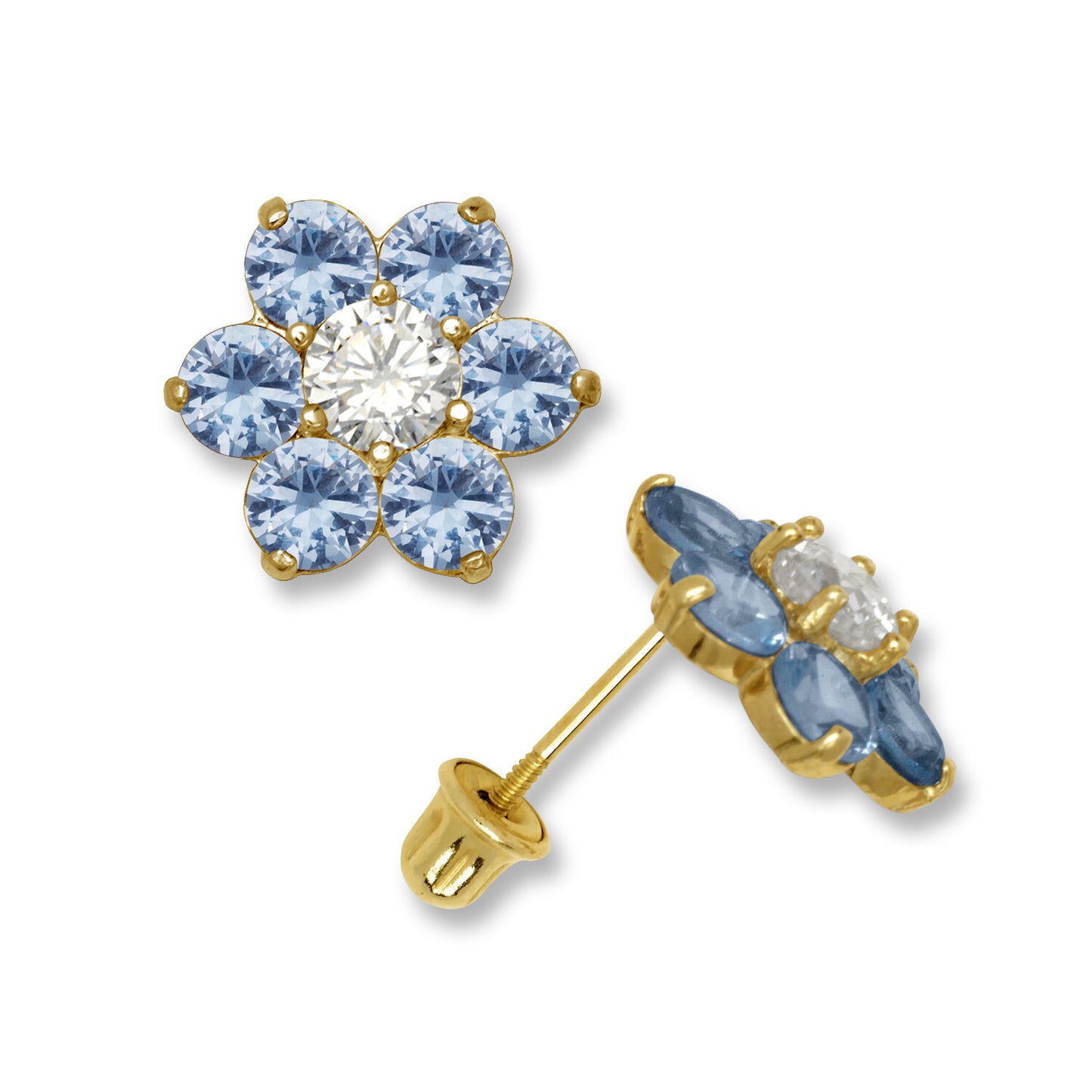 14k Yellow Gold CZ Flower Birthstone Stud Screw Back Earrings
