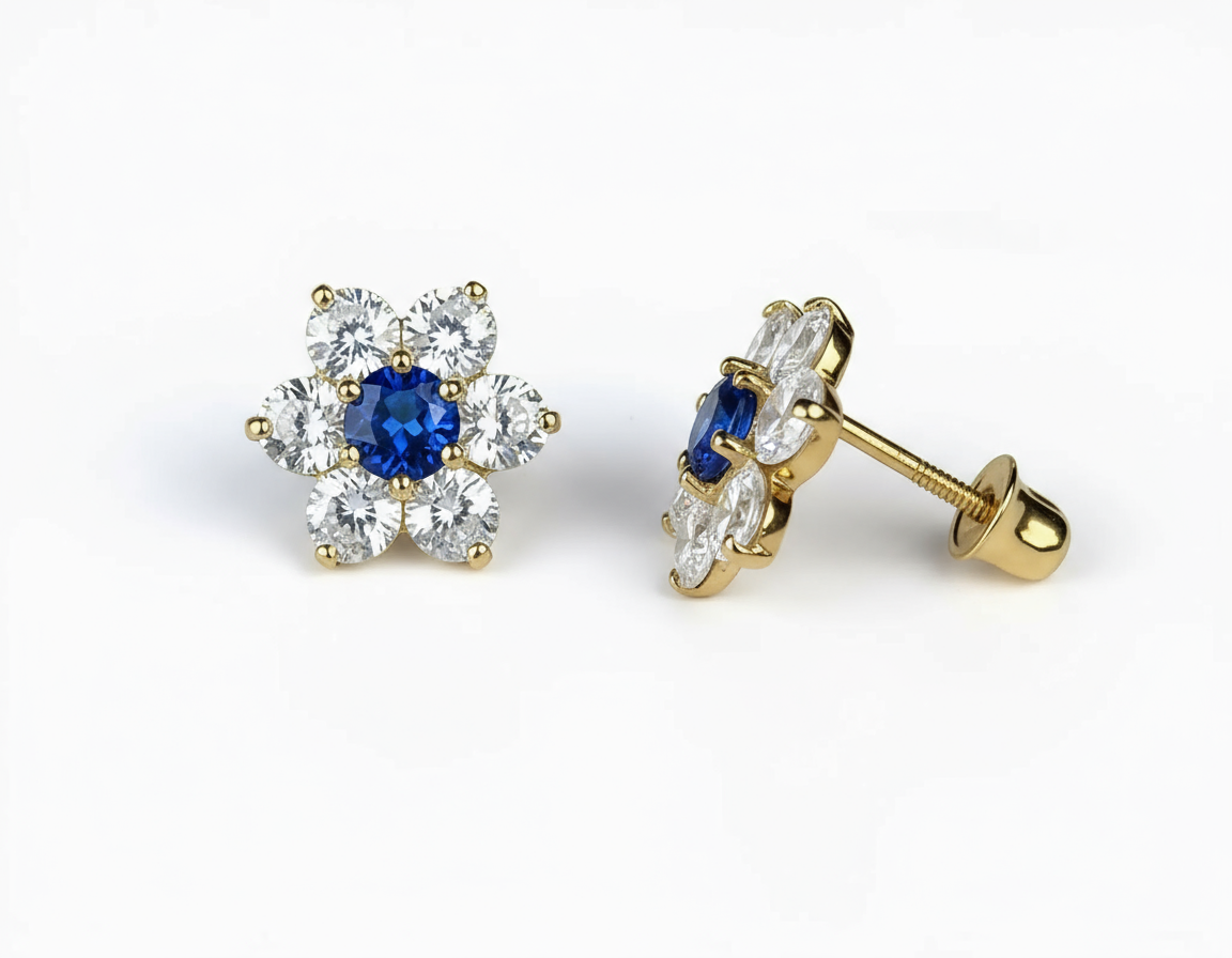 14k Yellow Gold Beautiful Flower Shaped Screw Back Earrings for Women
