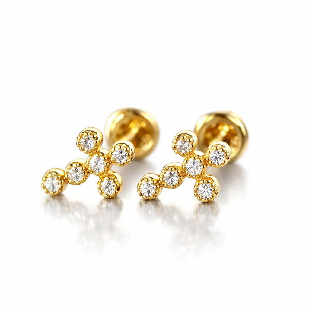 gold cross 14k earrings yellow or white cz stud white cubic zirconia solid