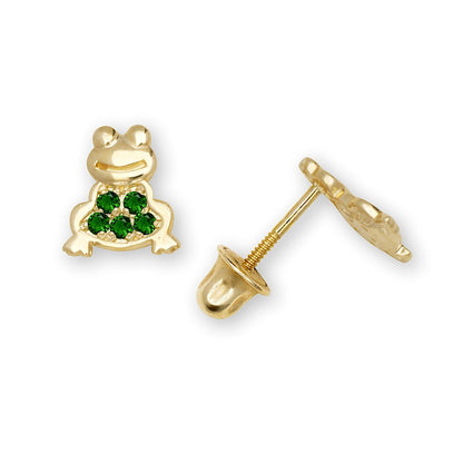 14K Yellow Gold CZ Frog Screw Back Studs Earrings for Girls