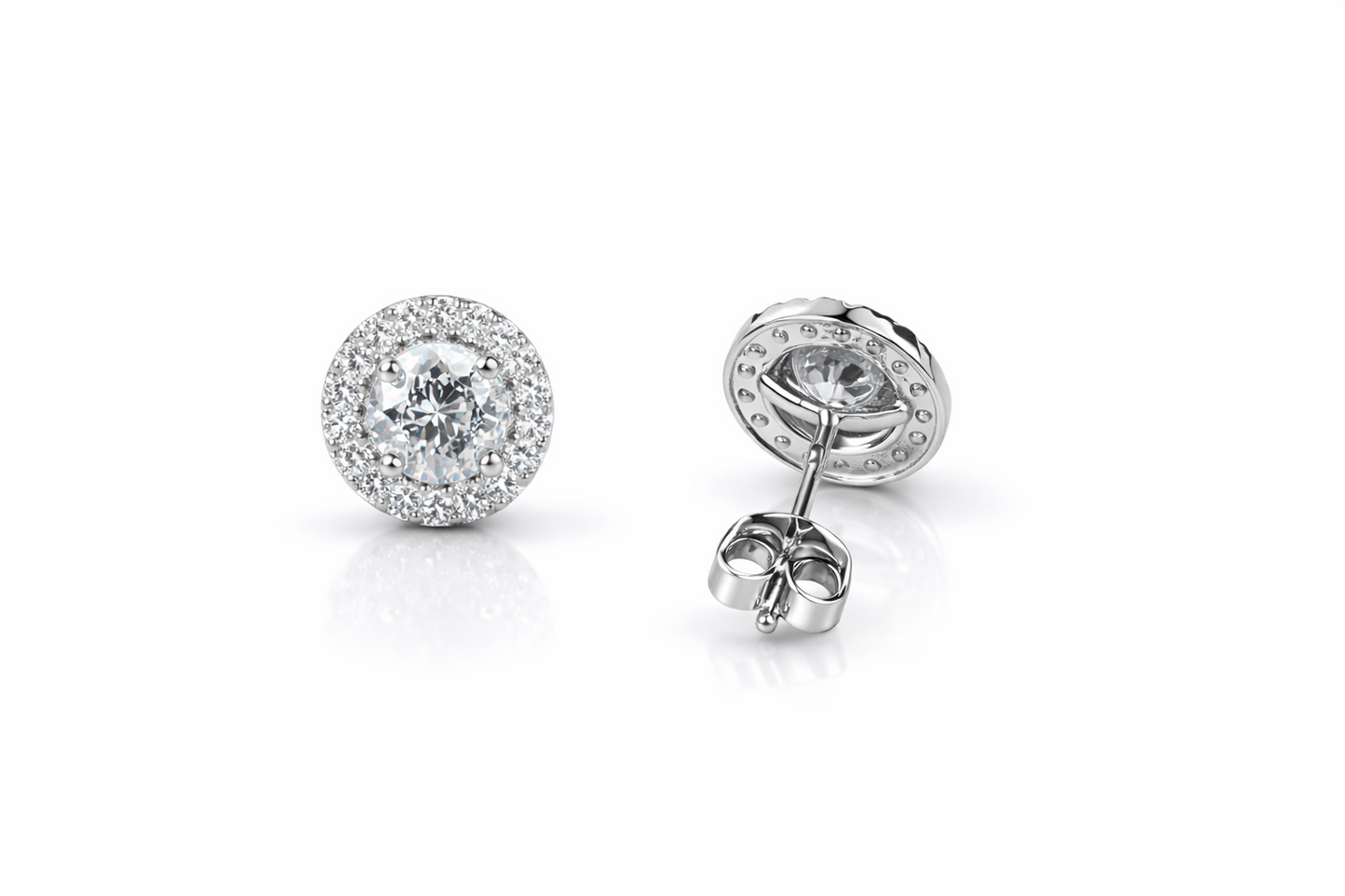 14k White Gold Cubic Zirconia Halo Round Stud Push Back Earrings