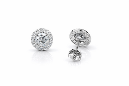 14k White Gold Cubic Zirconia Halo Round Stud Push Back Earrings