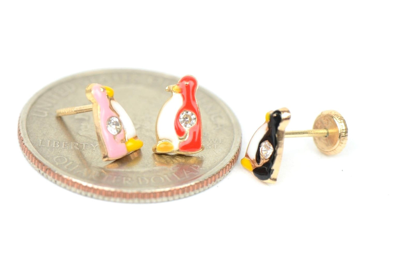 14k Yellow Gold Beautiful Enamel and CZ Penguin Baby Earrings, Screw Back