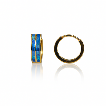 14k Yellow Gold Double Row Dark Blue Opal Huggie Hoop Earrings