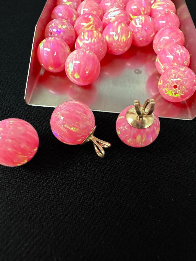 Half Drilled Pink Synthetic Lab Created Opal Round Beads