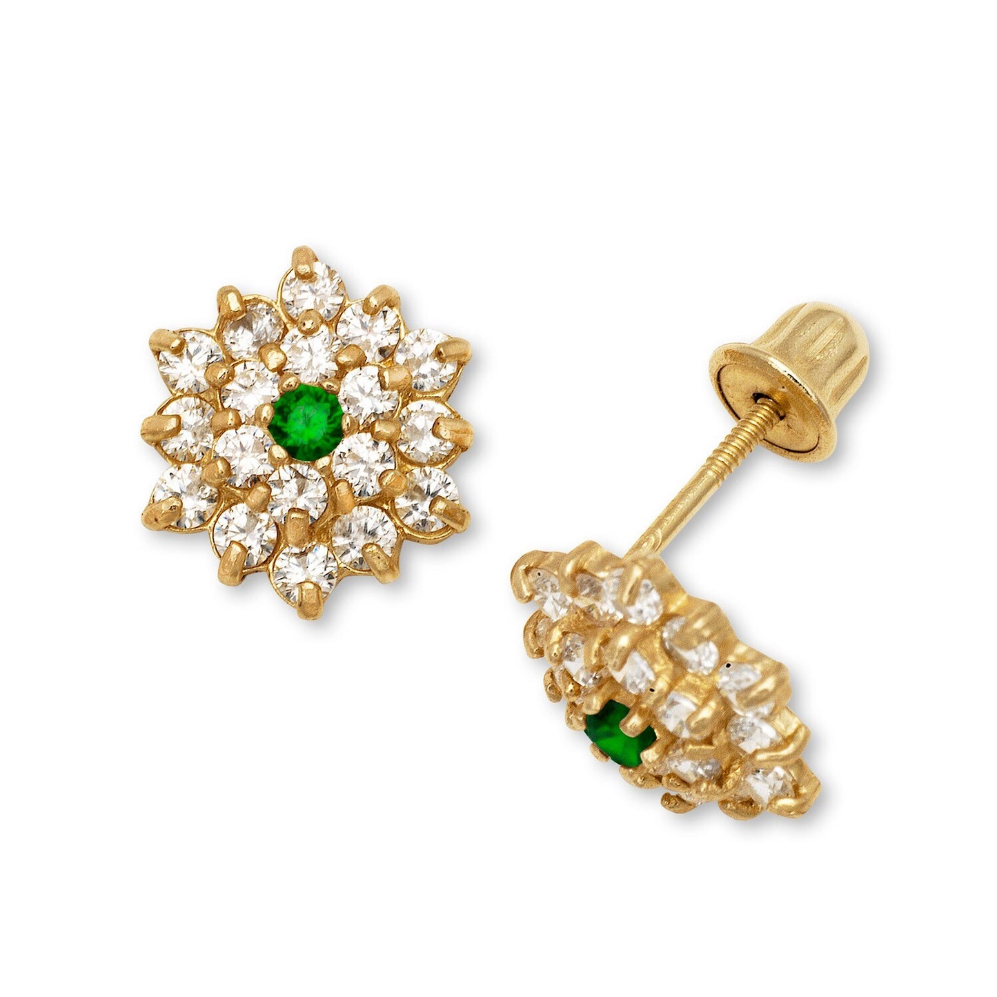 14K Yellow Gold CZ Flower Stud Earrings for Women
