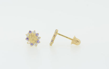 Solid 14K Yellow Gold Guadalupe Virgin Mary Screw Back CZ Stud Earrings