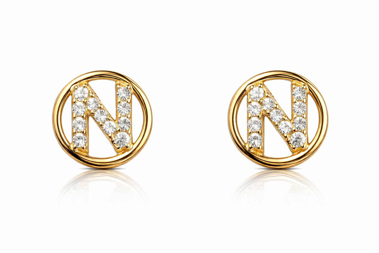 14k Yellow or White Gold Round Initial Letters CZ Stud Earrings