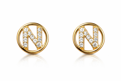 14k Yellow or White Gold Round Initial Letters CZ Stud Earrings