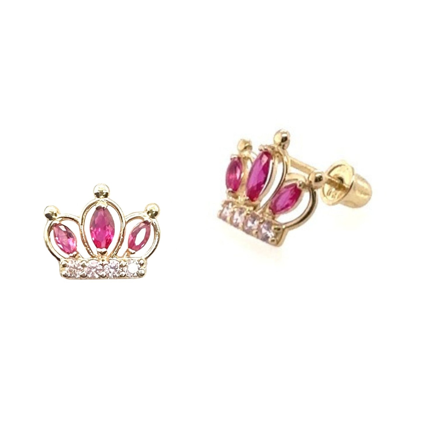 14K Solid Yellow Gold Crown Screw Back CZ Stud Earrings