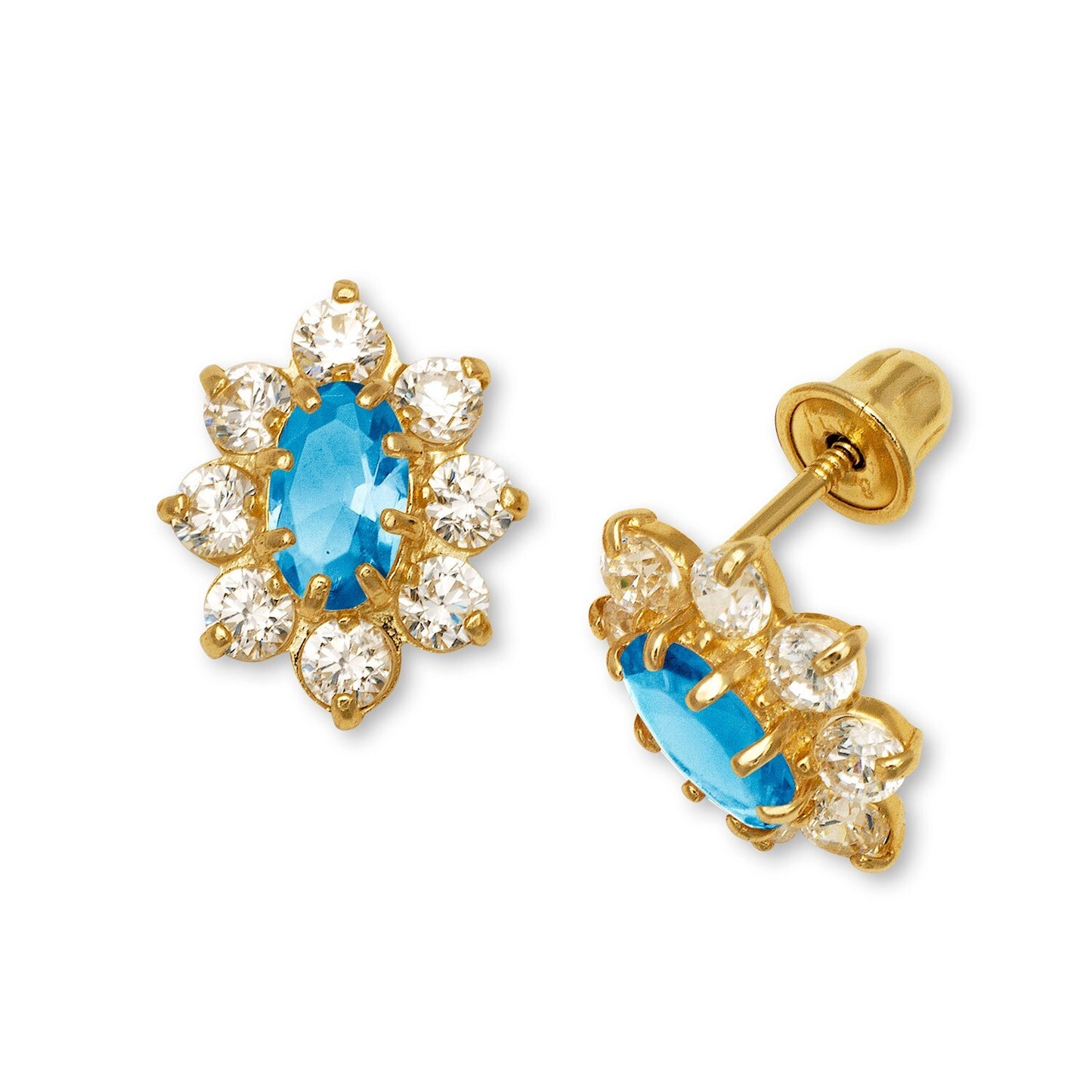 14K Yellow & White Gold CZ Flower Stud Screw Back Earrings for Women