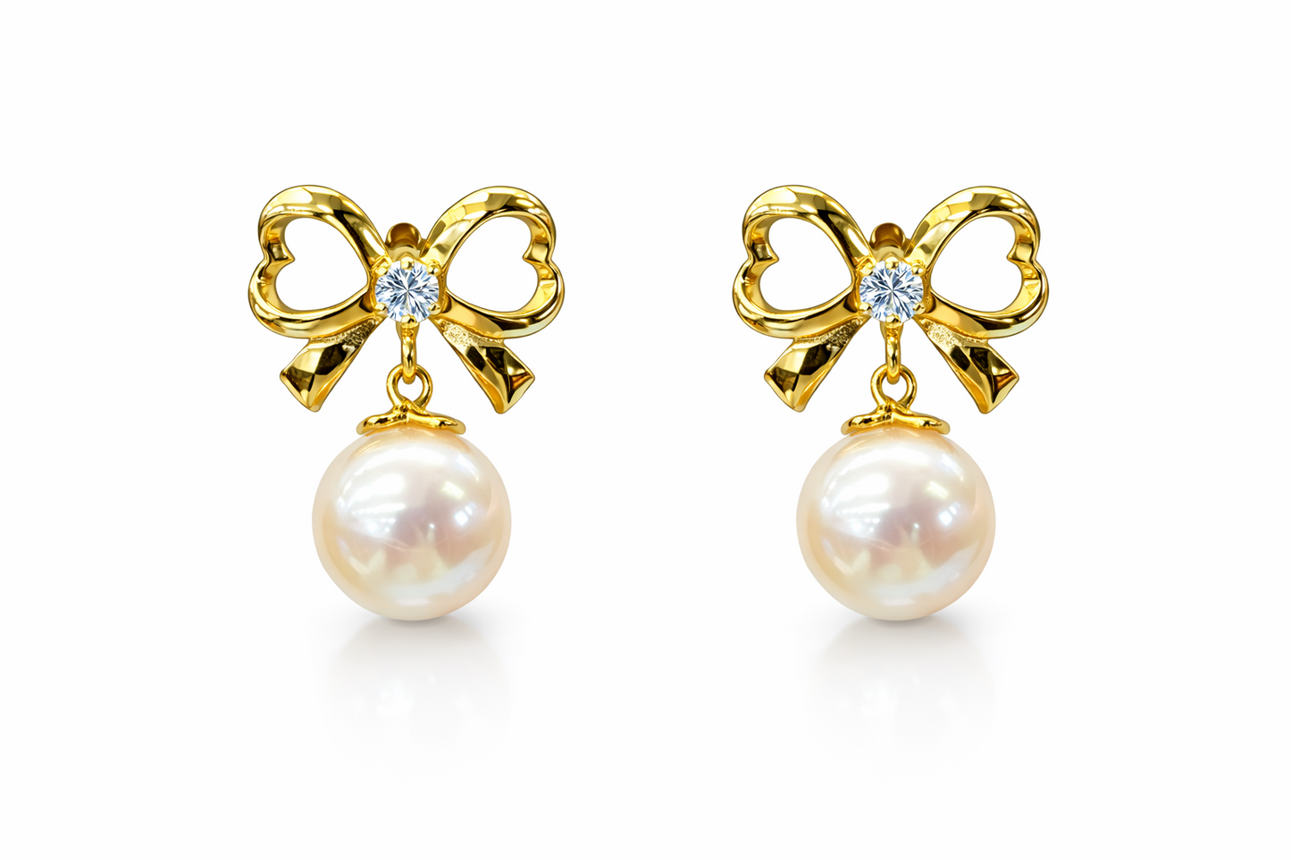 14K Yellow or White Gold Bow Tie Freshwater Pearl CZ Stud Earring