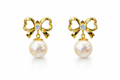 14K Yellow or White Gold Bow Tie Freshwater Pearl CZ Stud Earring