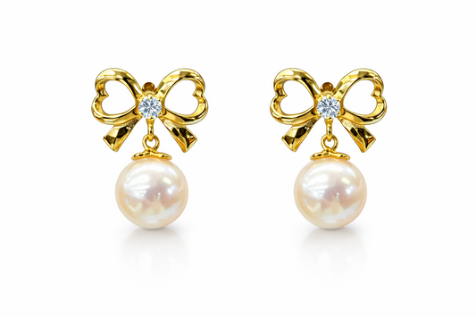 14K Yellow or White Gold Bow Tie Freshwater Pearl CZ Stud Earring