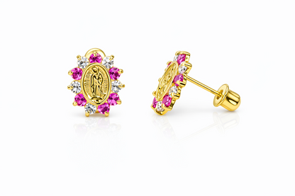14K Solid Yellow Gold Guadalupe Virgin Mary Screw Back CZ Stud Earrings