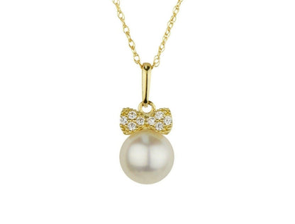 14K Yellow Gold Bow Tie Freshwater Pearl CZ Pendant Necklace Rope Chain