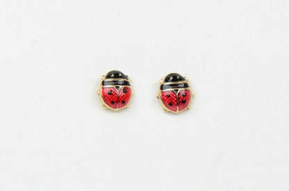 14k Yellow Gold Red and Black Enamel Lady Bug Baby earrings, Screw Back