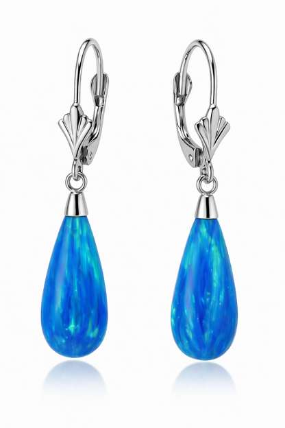 14k Yellow and White Gold Dark Blue Opal Leverback Earrings