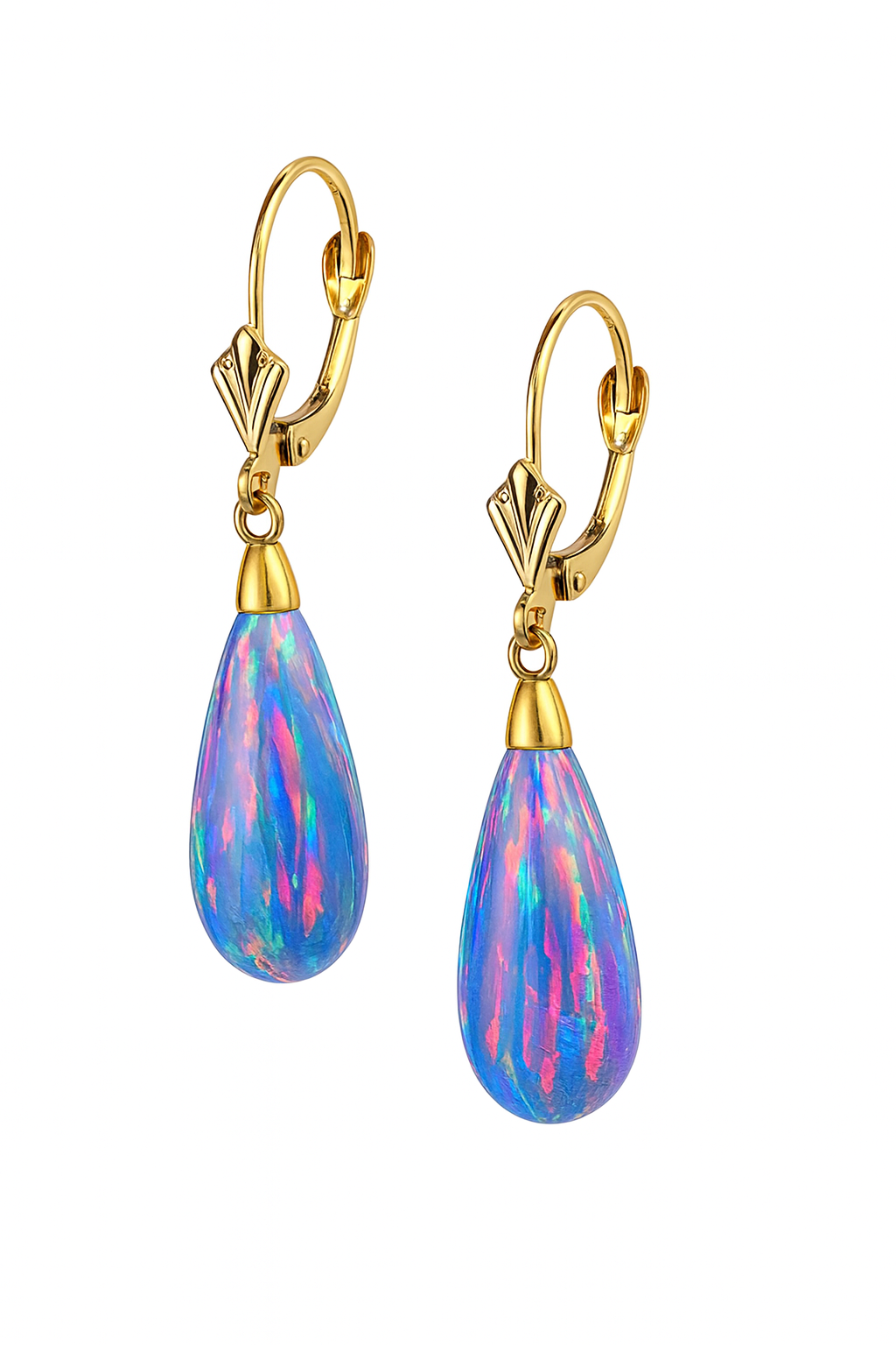 14k Yellow and White Gold  Purple Opal Leverback Earrings