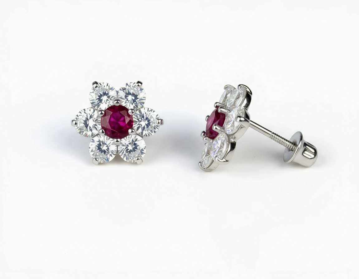 14k White Gold Beautiful Flower Shaped Stud Screw Back Earrings for Women