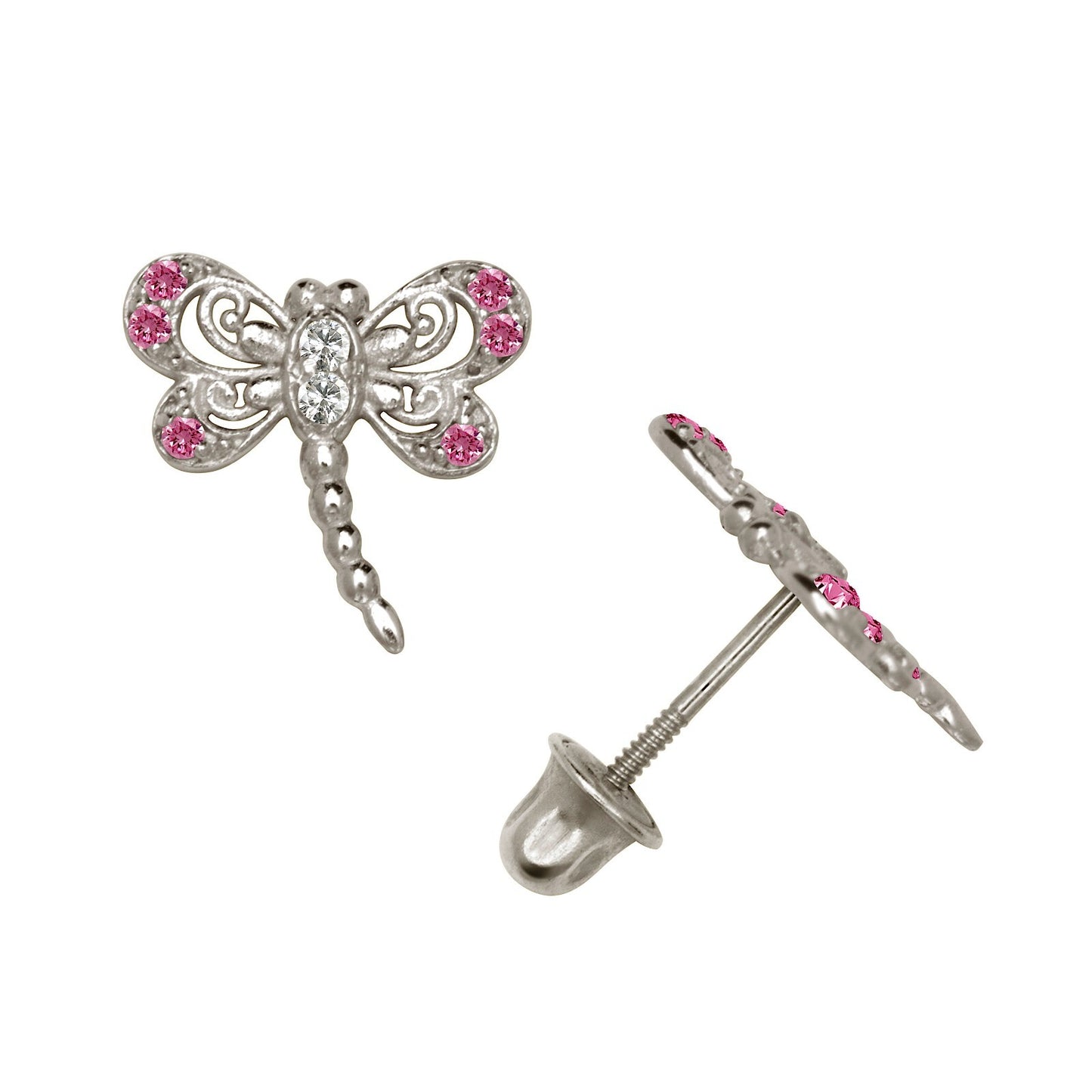 14K Yellow & White Gold Dragonfly Shaped Stud Screw Back Earrings for Women