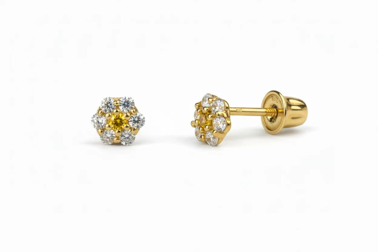 14K Yellow Gold Flower Shaped  Screw Back Stud Earrings for Women