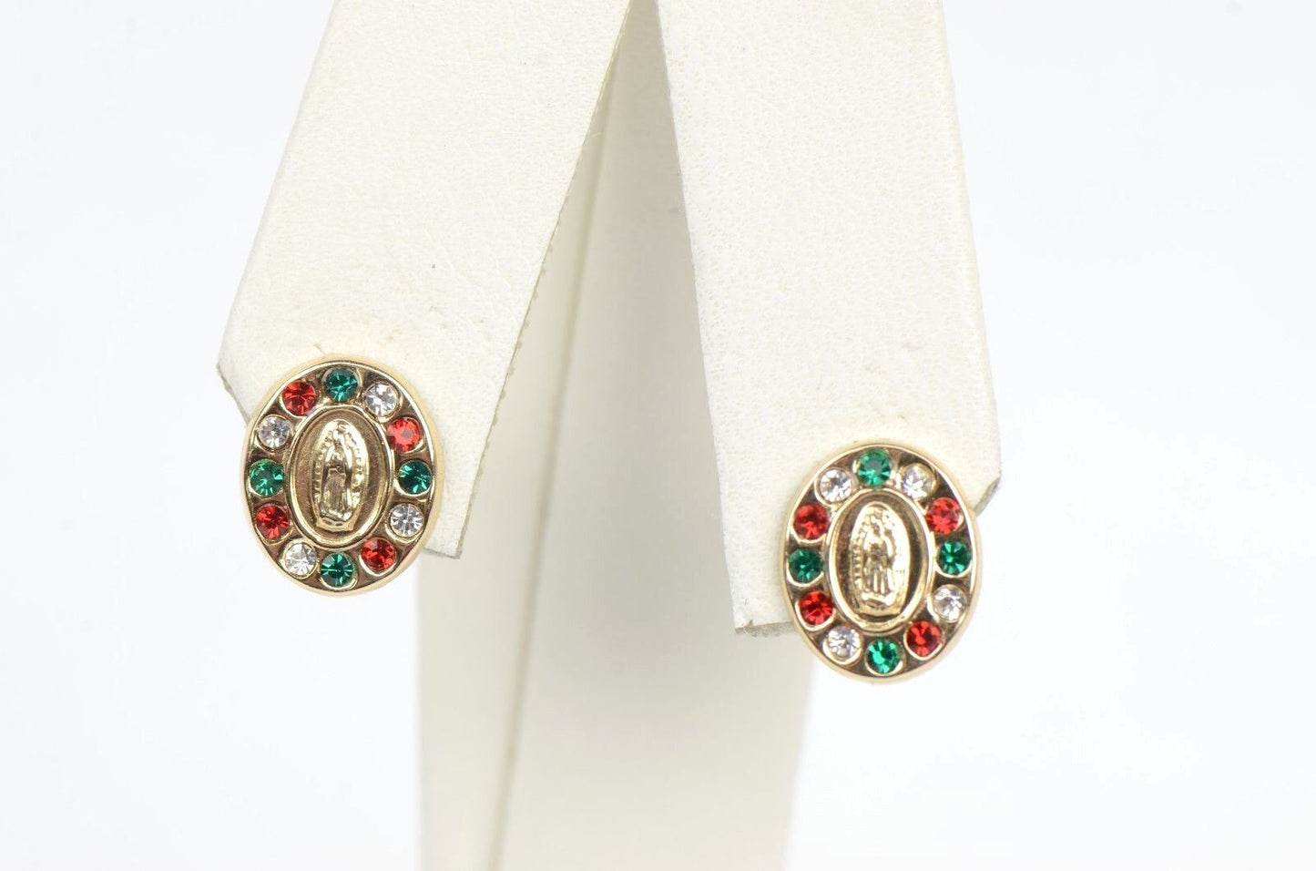 Solid 14K Yellow Gold Guadalupe Virgin Mary Screw Back Multi-color Stud Earrings