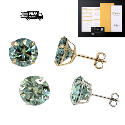 14K Gold GRA Certified D-VVS1 Round Green Moissanite Push Back Studs Earrings