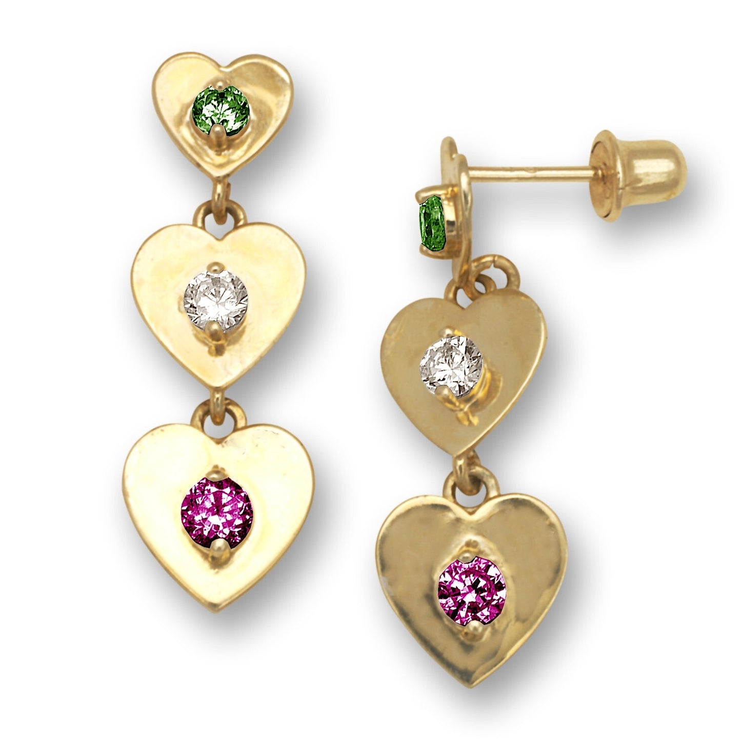14K Yellow Gold Triple Heart Dangle Screw Back Earrings for Women