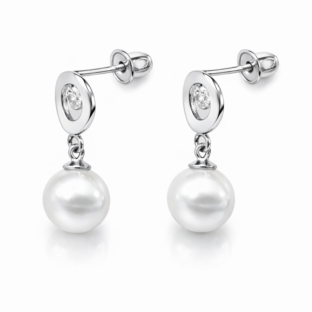 14K Yellow and White Gold Genuine Pearl CZ Stud Earring