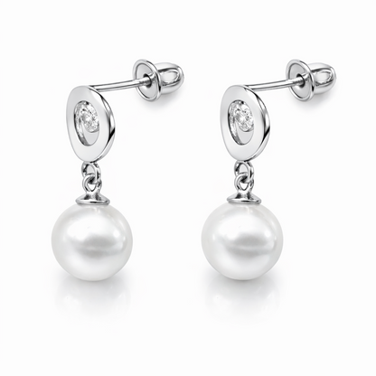 14K Yellow and White Gold Genuine Pearl CZ Stud Earring