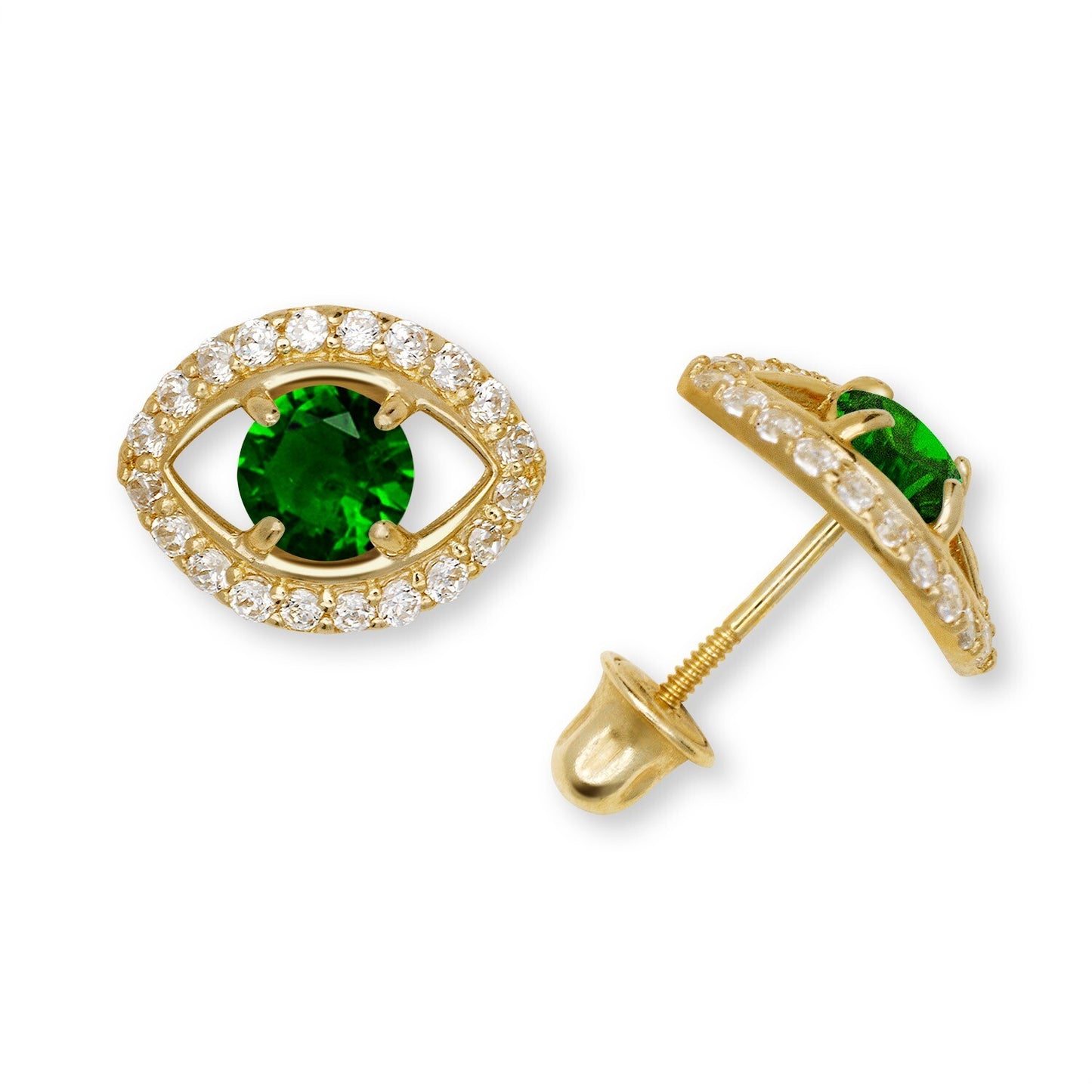 14K Yellow & White Gold CZ Evil Eye Stud Fashion Earrings for Women