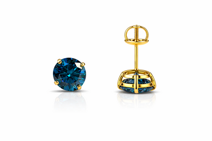 14K Gold GRA Certified D-VVS1 Round Blue Moissanite Screw Back Studs Earrings