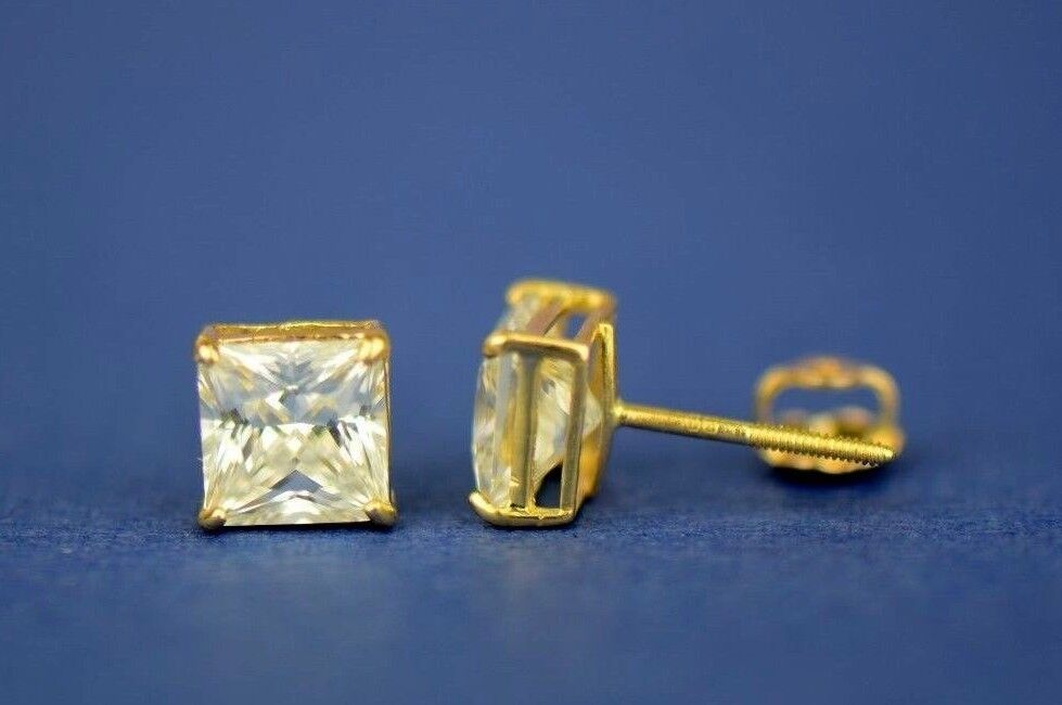 14k Heavy Basket Yellow Gold Square AAA Quality CZ Stud Earrings with Screw Back