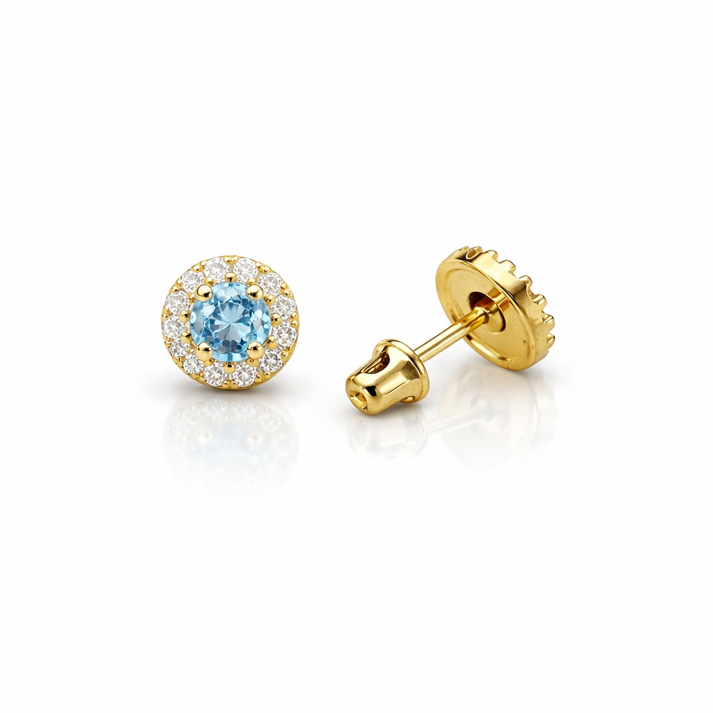 14k Yellow Gold Halo Stud Earrings with Screw  Back