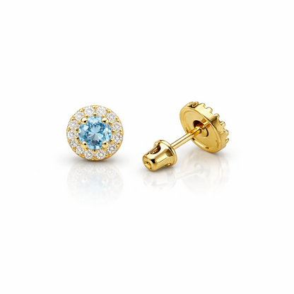 14k Yellow Gold Halo Stud Earrings with Screw  Back