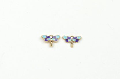 14k Yellow Gold Baby Enamel dragonfly earrings with Screw Back