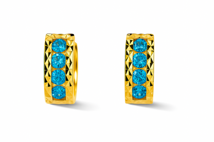14k Yellow Gold Diamond Cut with Blue Topaz Birthstone Huggie Earrings
